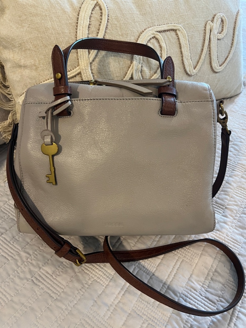Fossil Light Gray Satchel with Brown Trim and Key Charm